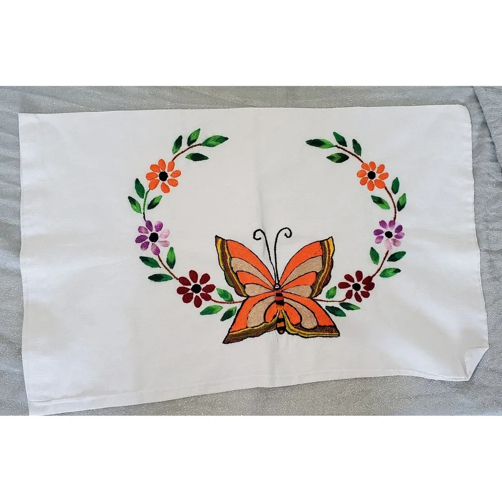 Hand Embroidered Pillowcase White Butterfly Floral Decor Home Accent Cottagecore